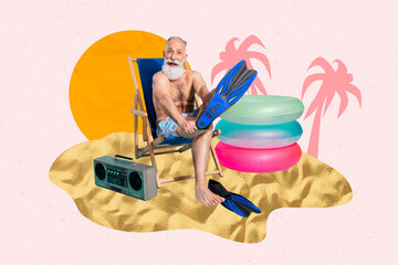 Abstract collage picture of positive grandfather sit chaise longue put on diving fins pile stack...