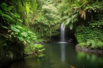 waterfall cascading into tranquil lagoon, surrounded by lush greenery, created with generative ai