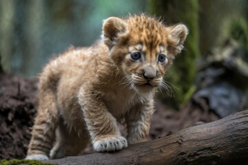 newborn lion cub exploring the outdoors for the first time, created with generative ai