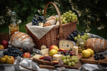 Obraz na płótnie Canvas picnic setup with delicious picnic basket full of fruits and cheeses, created with generative ai