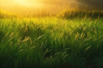 Obraz na płótnie Canvas Green grass field at sunset. Nature background. Shallow depth of field., generative Ai