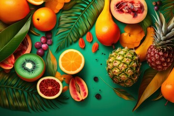 Tropical fruits on green background. Top view, flat lay, generative Ai