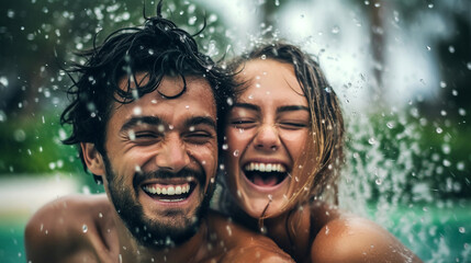 Happy couple has fun in the pool and enjoys the summer. Smiling and laughin at sunshine. Generative Ai	