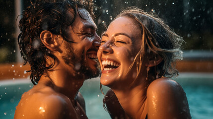Happy couple has fun in the pool and enjoys the summer. Smiling and laughin at sunshine. Generative Ai	