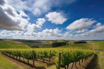 Fototapeta na wymiar vineyard with rolling hills, blue sky and clouds, created with generative ai