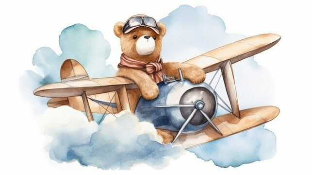 Fototapeta Bear as a pilot in an airplane watercolor Generative AI 