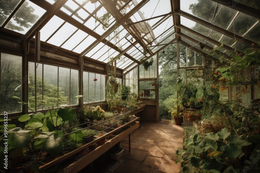 Canvas Prints greenhouse with view of the surrounding nature, full of greenery and plants, created with generative ai