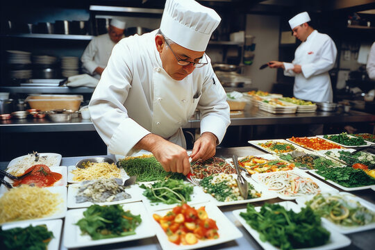 Busy Kitchen Staff Preparing Food in Restaurant. Generative AI