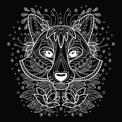 Vector coloring Racoon head white on black background
