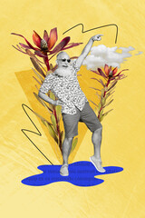 Vertical collage picture of black white gamma grandfather point finger dance stand puddle huge...