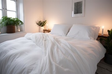 crisp white sheets and fluffy duvet, ready for a good night's sleep, created with generative ai