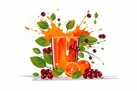 Flat design splash Fruit juice in glass white background. Generative AI