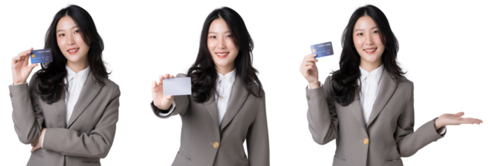 Young Asian businesswoman showing blank credit card in formal suit, Isolate die cut on transparent background