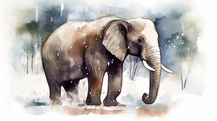 Fototapeta na wymiar Elephant in the snow watercolor Generative AI 