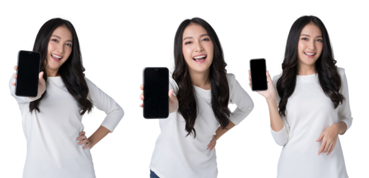 Beautiful Asian woman holding smartphone mockup of blank screen Isolate die cut on transparent background