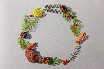 Christmas decorative wreath made of natural eco materials, top view.