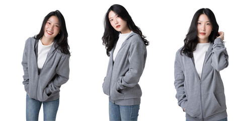 Portrait beautiful Asian woman in hoodie sweatshirt and blue jeans Isolate die cut on transparent background