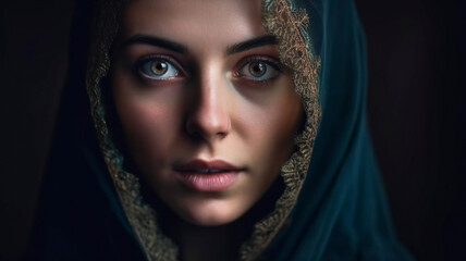 Naklejka premium Portrait of a beautiful arabic woman in a veil. Generative AI