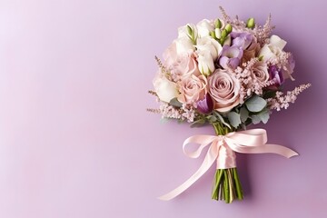 A vibrant bouquet of lavender and lilac flowers, tied with a pink ribbon and arranged in an elegant studio setting for a special event or wedding celebration. Wedding background