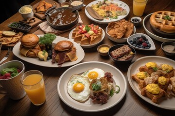 brunch feast, with endless options of pancakes, waffles, and eggs benedict, created with generative ai