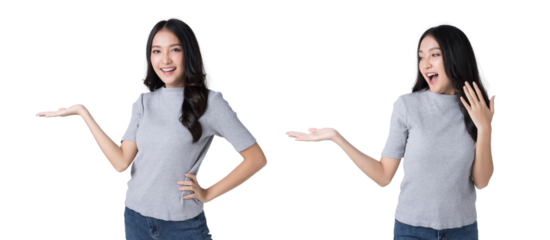 Young Asian woman opeing hand to empty space and looking hand Isolate die cut on transparent background