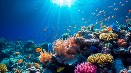 Fototapeta na wymiar Ocean coral reef underwater with beautiful fishes and sun rays. Sea world underwater background. Okean wildlife. The concept of the underwater world, diving and snorkeling. Generative ai