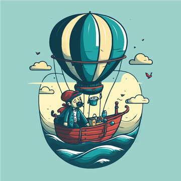 Vector illustration of a journey character Going on a hot air balloon ride ocean, hand-drawn, cartoonish, minimalist, comic
