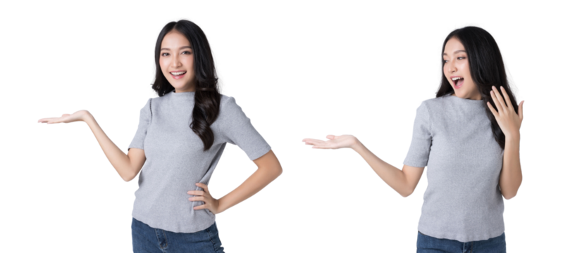 Young Asian woman opeing hand to empty space and looking hand Isolate die cut on transparent background