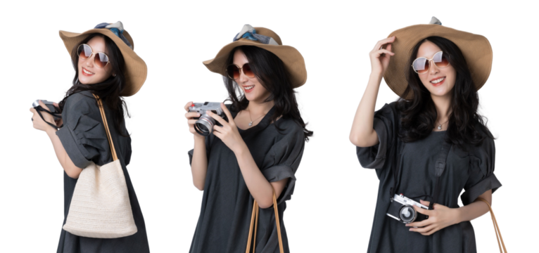 Young Asian woman Wearing a dress with a sun hat and sunglasses holding a camera travel concept Isolate die cut on transparent background