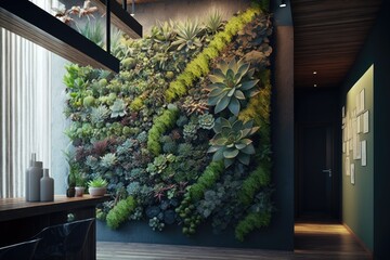 a vertical garden of succulents, cascading down a wall in an interior, created with generative ai