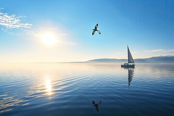 sailing boat on calm blue water, with sun shining and birds flying, created with generative ai