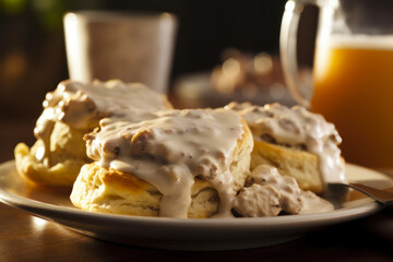 American biscuits from scratch covered with thick white sausage gravy.
