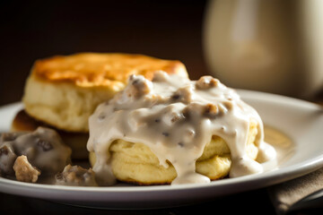American biscuits from scratch covered with thick white sausage gravy.