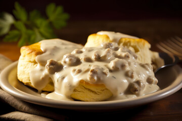 American biscuits from scratch covered with thick white sausage gravy.
