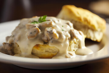 American biscuits from scratch covered with thick white sausage gravy.