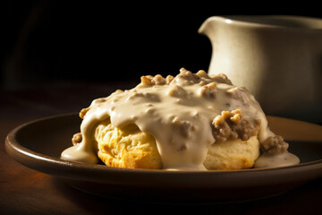 American biscuits from scratch covered with thick white sausage gravy.