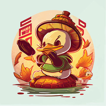 cute Peking duck food character, cartoon, children book style, artistic, theme print design, for t-shirt print and case, Illustrator
