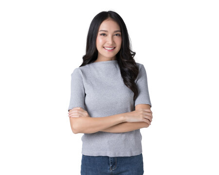 Portrait beautiful Asian woman in sweater and blue jeans Isolate die cut on transparent background
