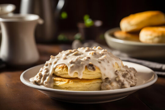 American biscuits from scratch covered with thick white sausage gravy.
