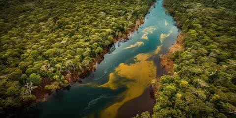 AI Generated. AI Generative. Photo realistic illustration of top view dron amazon river in the rain season. Adventure tropical explore vibe. Graphic Art