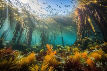 Fototapeta na wymiar kelp forest with schools of fish swimming among the fronds, and brightly colored coral, created with generative ai