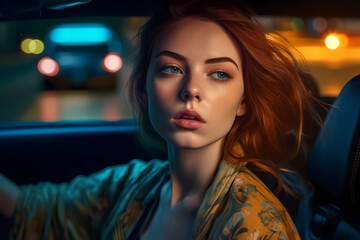 Fototapeta na wymiar beautiful young woman driving at night checking side view