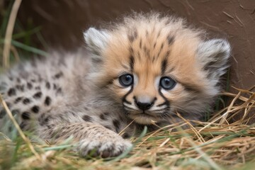 Plakat newborn cheetah lying in the grass, its spotted fur visible, created with generative ai