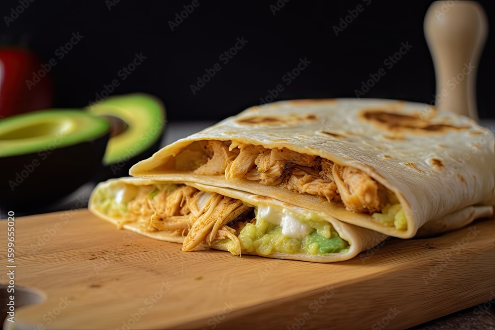 Poster soft and warm tortilla, filled with spicy chicken and creamy avocado, created with generative ai