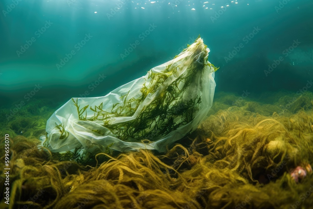 Sticker plastic bag, tangled in seaweed on the ocean floor, created with generative ai