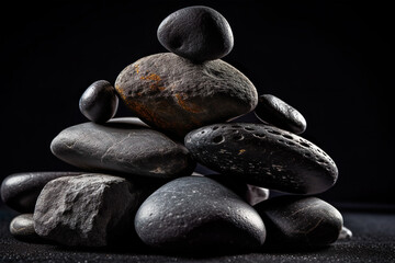 Stack of black stones on black background. Zen and relaxation concepts.
