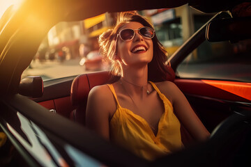 pretty young woman laughing driving in her car in the city at night