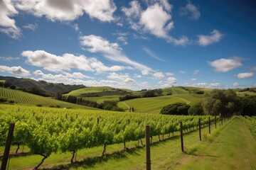 Fototapeta na wymiar lush green vineyard with rolling hills and blue skies, created with generative ai