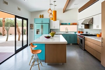mid-century modern home with sleek kitchen, minimalist furniture, and pops of color, created with generative ai