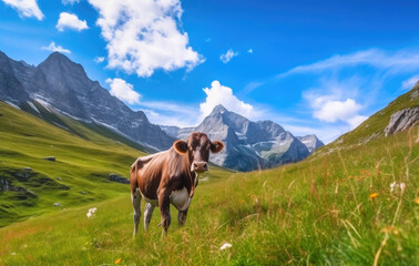 Fototapeta na wymiar Landscape of an alpine meadow with a renegade cow. Generative AI